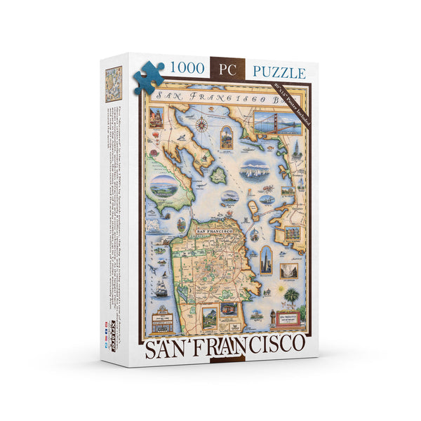 San Francisco Bay Map Jigsaw Puzzle by Xplorer Maps. Features illustrations of places such as Candlestick Park, Fisherman's Wharf, Transamerica Pyramid, and Alcatraz Island. Flora and fauna include octopus, crab, palm trees, and a dahlia. 