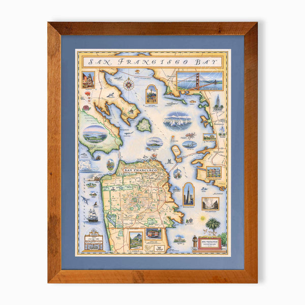 San Francisco Bay hand-drawn map in earth tones blues and greens. The map print is framed in reclaimed Montana Flathead Lake Larch with a blue mat. 