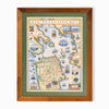 San Francisco Bay hand-drawn map in earth tones blues and greens. The map print is framed in reclaimed Montana Flathead Lake Larch with a green mat.