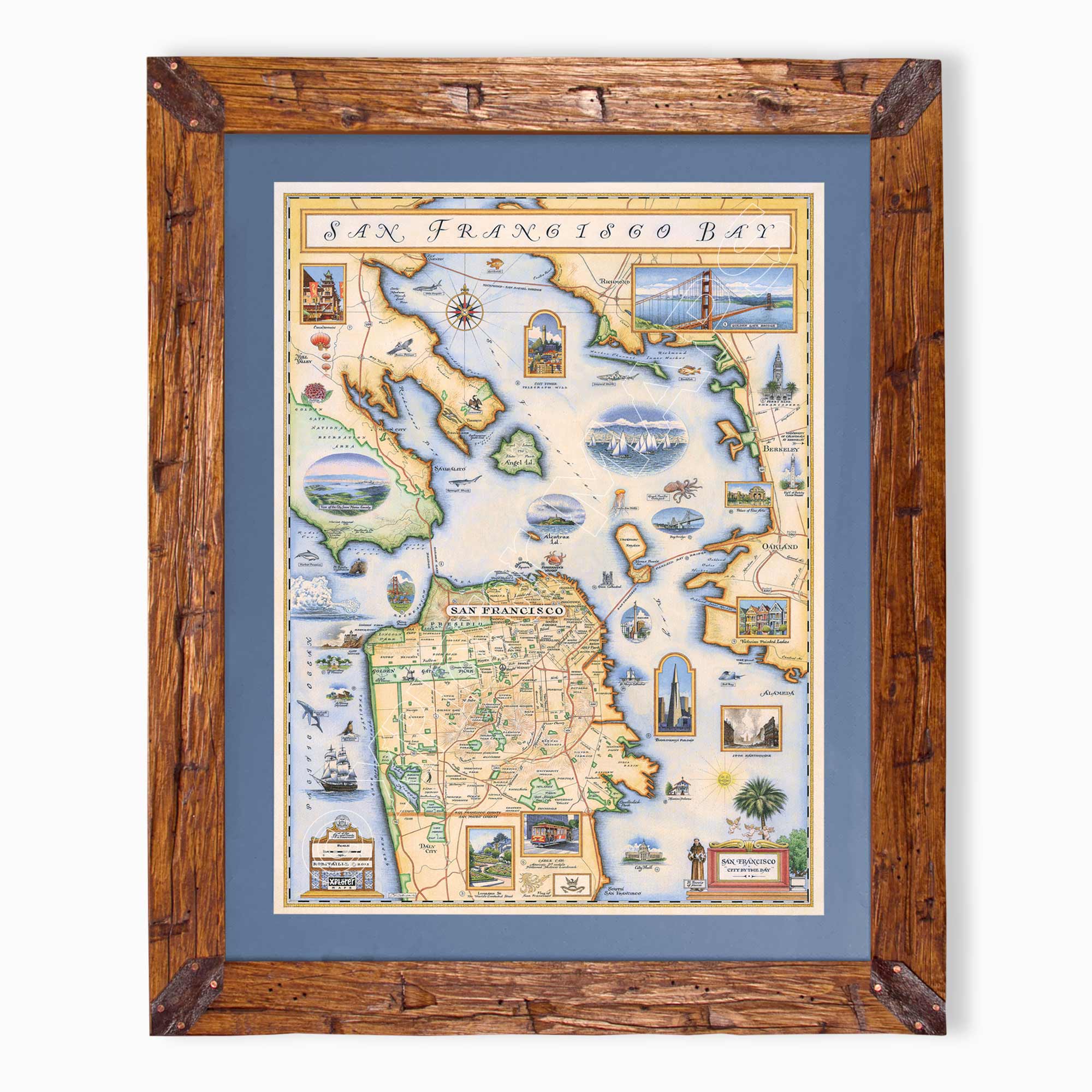 San Francisco Bay hand-drawn map in earth tones blues and greens. The map print is framed in Montana hand-scraped pine with a blue mat.