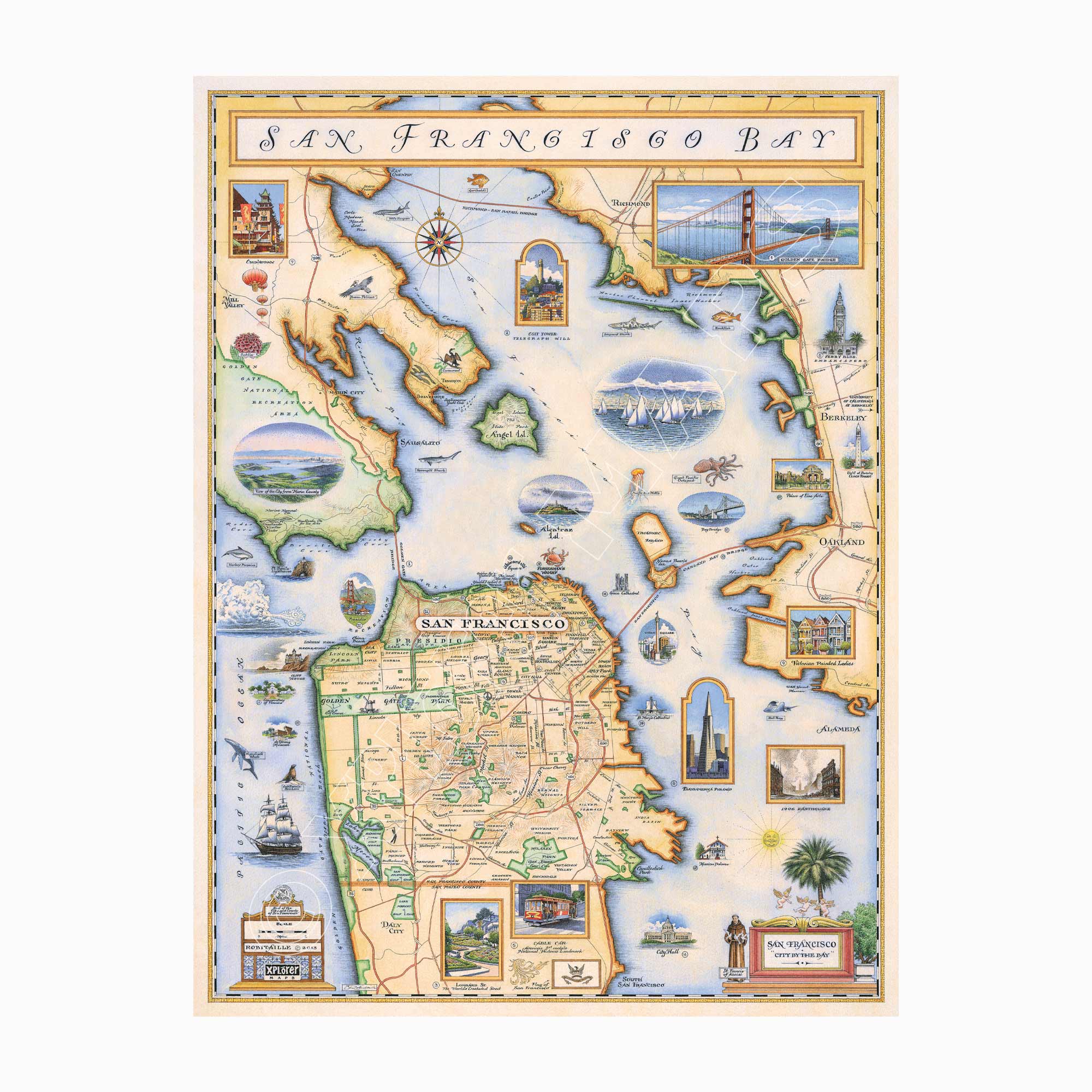 San Francisco Bay hand-drawn map in earth tones of beige, green, and blue earth tones. The map features illustrations of places such as Candlestick Park, Fisherman's Wharf, Transamerica Pyramid, and Alcatraz Island. Flora and fauna include octopus, crab, palm trees, and a dahlia. Measures 18x24.