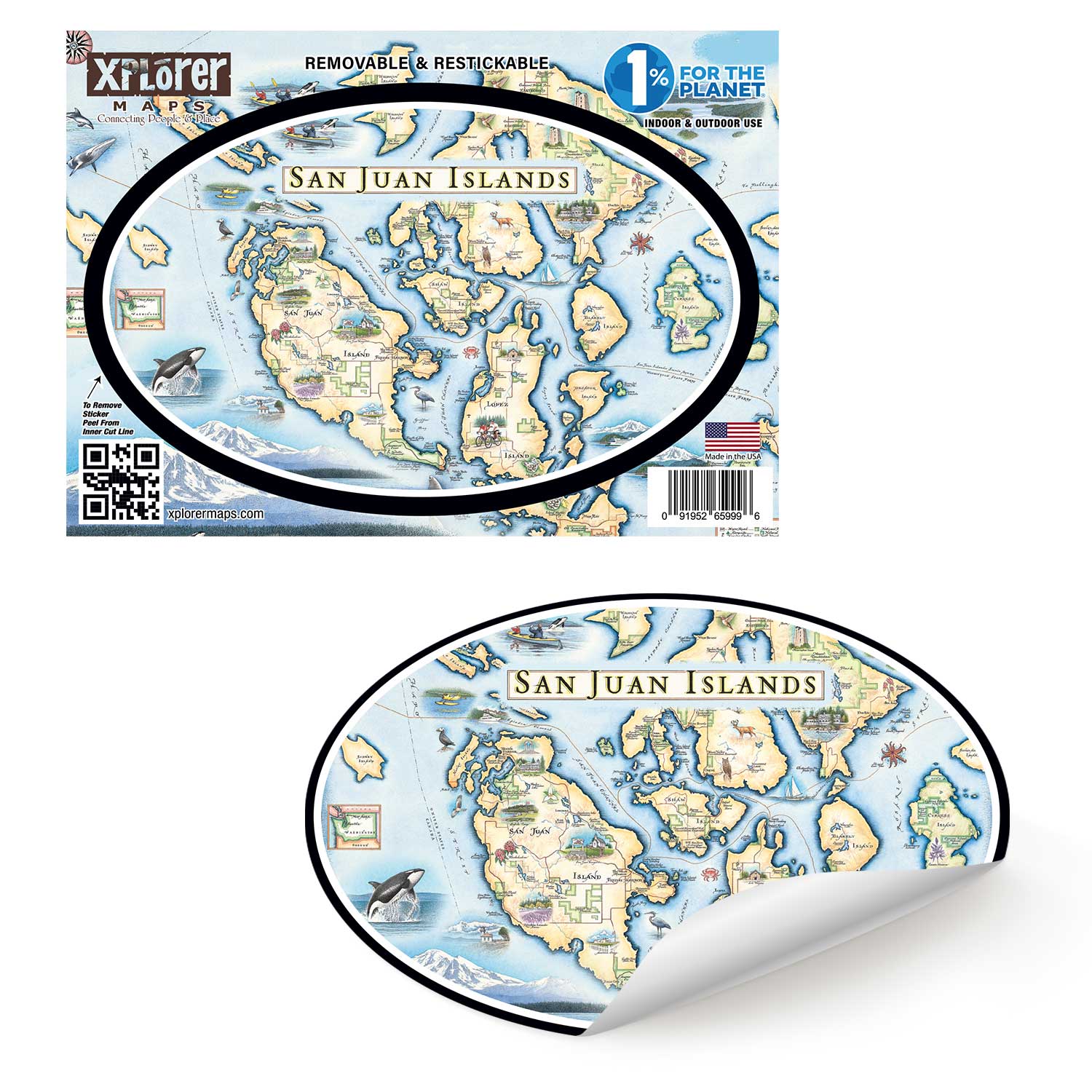 San Juan Islands Sticker by Xplorer Maps. The map features illustrations of places such as San Juan Vineyard, Turtleback Mountain Reserve, Liv Winery, and Roche Harbor. Flora and fauna include Orca Whale, Puffin, Herron, camas flower, and rhododendron.