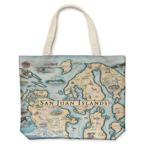 San Juan Islands Map Canvas Tote Bags by Xplorer Maps. The map features illustrations of places such as San Juan Vineyard, Turtleback Mountain Reserve, Liv Winery, and Roche Harbor. Flora and fauna include Orca Whale, Puffin, Herron, camas flower, and rhododendron