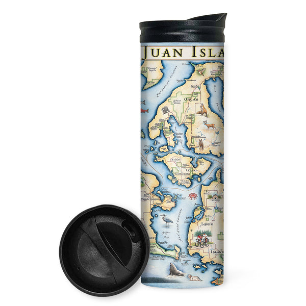 Washington's San Juan Islands Map 16 oz Travel Bottle in blue and earth tone colors. The map features illustrations of places such as San Juan Vineyard, Turtleback Mountain Reserve, Liv Winery, and Roche Harbor. Flora and fauna include Orca Whale, Puffin, Herron, camas flower, and rhododendron.