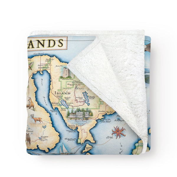 Beautiful, hand drawn and painted map of San Juan Islands on a cozy blanket.