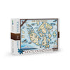 San Juan Islands Map Jigsaw Puzzle by Xplorer Maps. Features illustrations of places such as San Juan Vineyard, Turtleback Mountain Reserve, Liv Winery, and Roche Harbor. Flora and fauna include Orca Whale, Puffin, Herron, camas flower, and rhododendron.