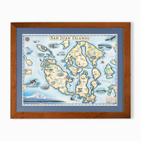 San Juan Islands hand-drawn map in earth tones blues and greens. The map print is framed in reclaimed Montana Flathead Lake Larch with a blue mat. 