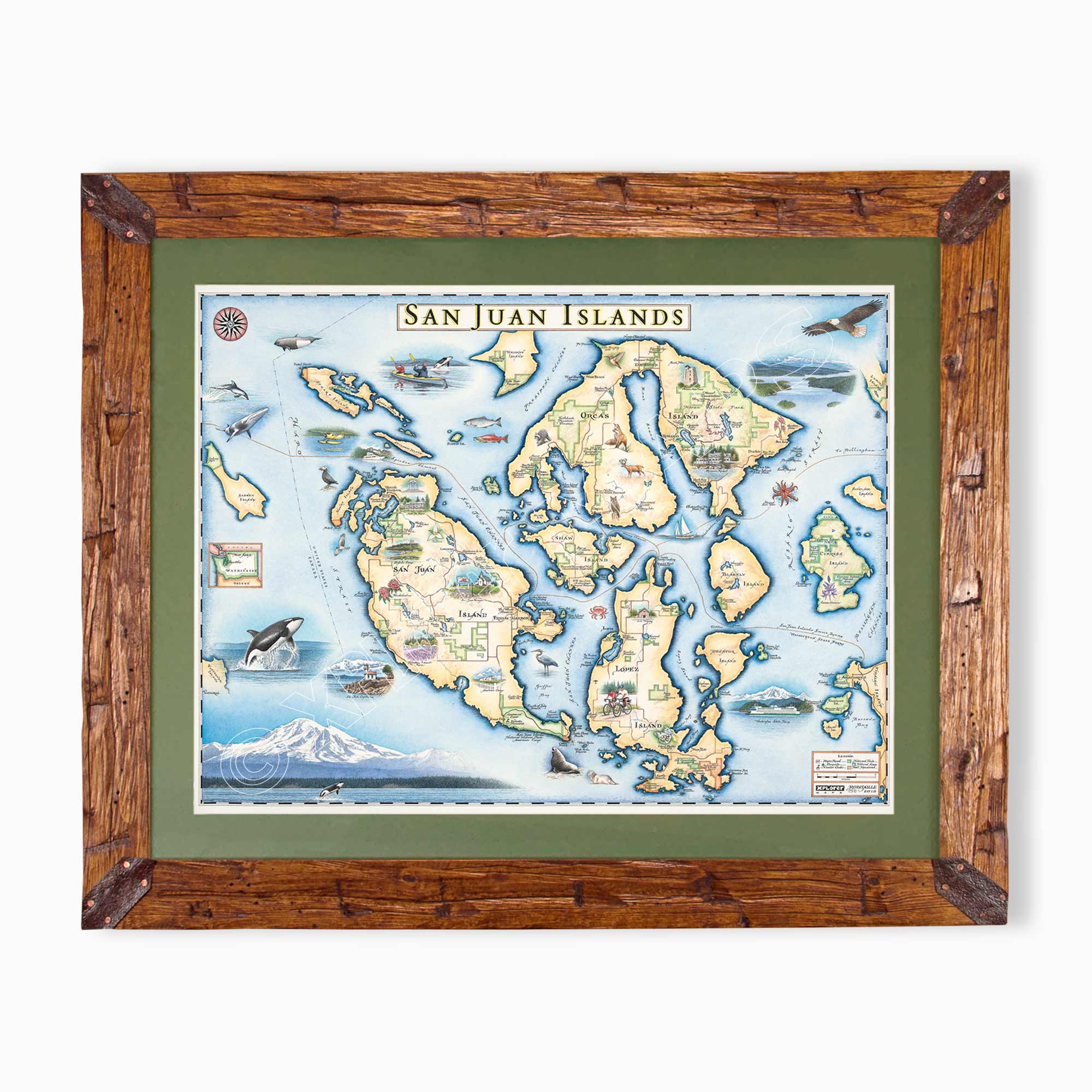 San Juan Islands hand-drawn map in earth tones blues and greens. The map print is framed in Montana hand-scraped pine with a green mat.