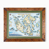 San Juan Islands hand-drawn map in earth tones blues and greens. The map print is framed in Montana hand-scraped pine with a green mat.