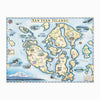 The San Juan Islands hand-drawn map in earth tones blue and green. The map features illustrations of places such as San Juan Vineyard, Turtleback Mountain Reserve, Liv Winery, and Roche Harbor. Flora and fauna include Orca Whale, Puffin, Herron, camas flower, and rhododendron. Measures 24x18."
