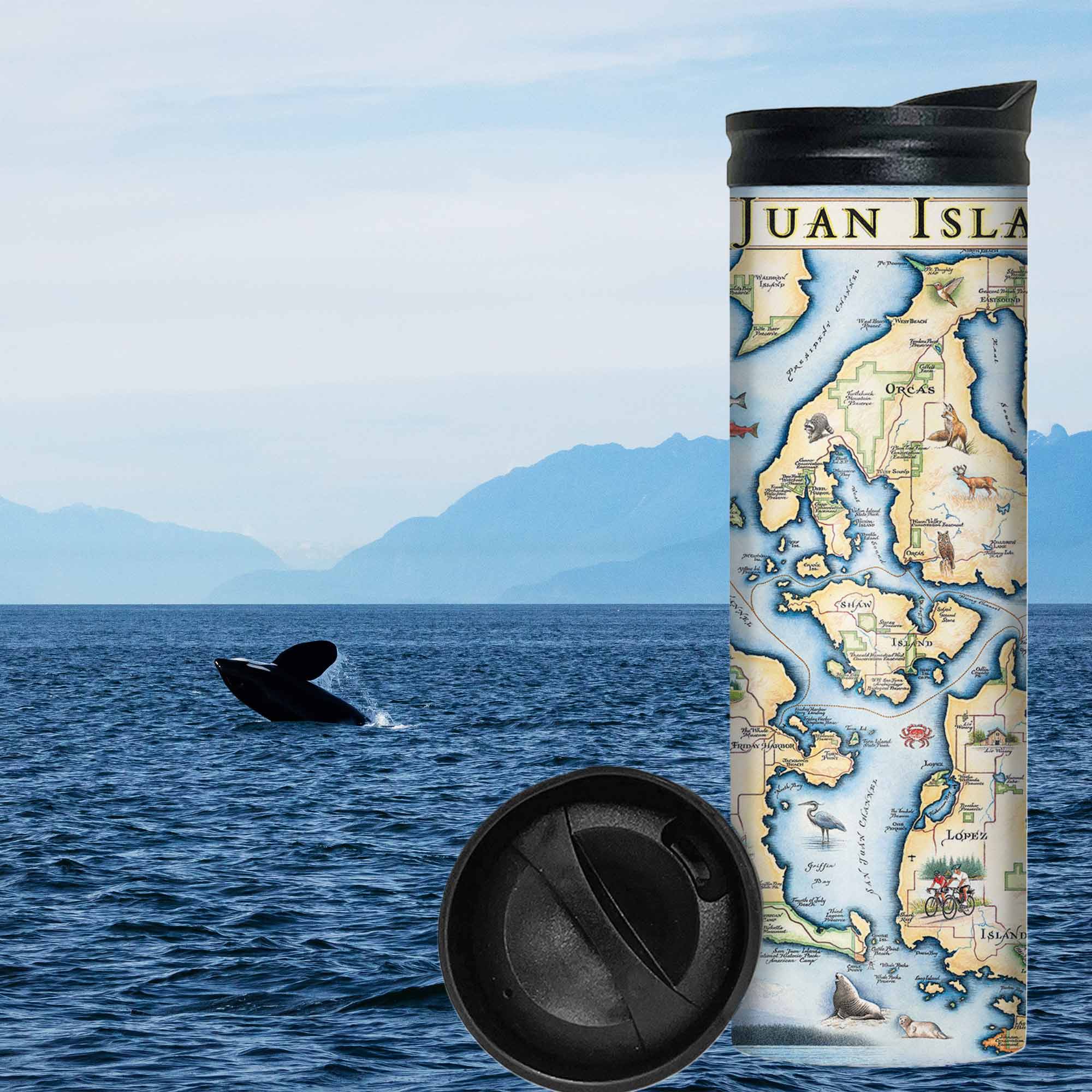 Washington's San Juan Islands Map with a whale in the  Pacific Northwest landscape and ocean. The map features illustrations of places such as San Juan Vineyard, Turtleback Mountain Reserve, Liv Winery, and Roche Harbor. Flora and fauna include Orca Whale, Puffin, Herron, camas flower, and rhododendron.