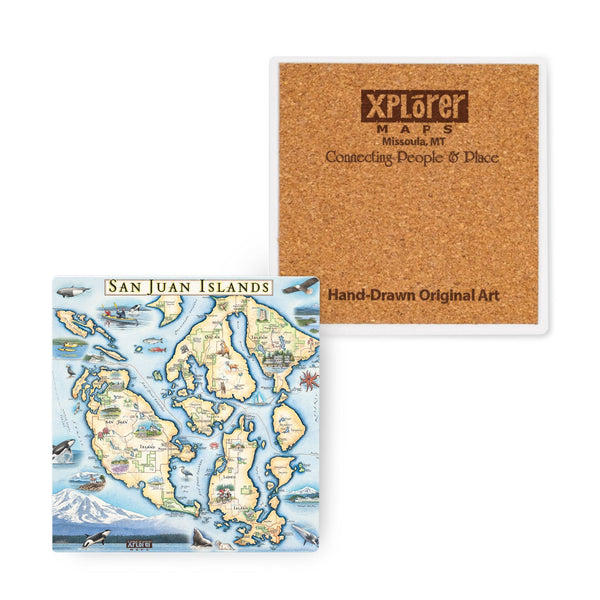 4"x4" Washington's San Juan Islands Map Ceramic Coasters by Xplorer Maps. The map features illustrations of places such as San Juan Vineyard, Turtleback Mountain Reserve, Liv Winery, and Roche Harbor. Flora and fauna include Orca Whale, Puffin, Herron, camas flower, and rhododendron.