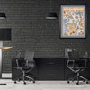 San Francisco Bay Map hanging on a black wall and black furniture office. The print is in a black frame with a gray mat.  