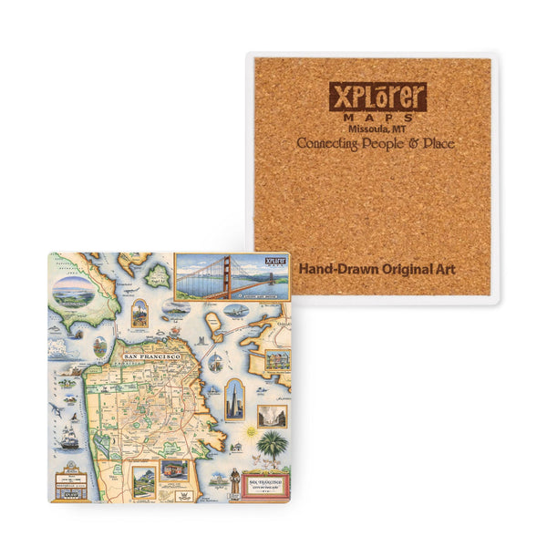 4"x4" San Francisco Bay Map Ceramic Coasters by Xplorer Maps. The map features illustrations of places such as Candlestick Park, Fisherman's Wharf, Transamerica Pyramid, and Alcatraz Island. Flora and fauna include octopus, crab, palm trees, and a dahlia. 