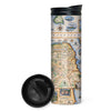 San Francisco Bay Map 16 oz Travel Bottle in blue and earth tone colors. The map features illustrations of places such as Candlestick Park, Fisherman's Wharf, Transamerica Pyramid, and Alcatraz Island. Flora and fauna include octopus, crab, palm trees, and a dahlia. 