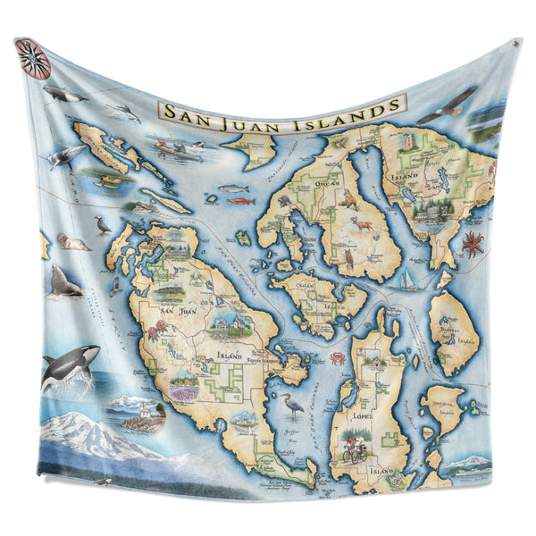 Hanging blanket with colorful map depicting San Juan Islands.