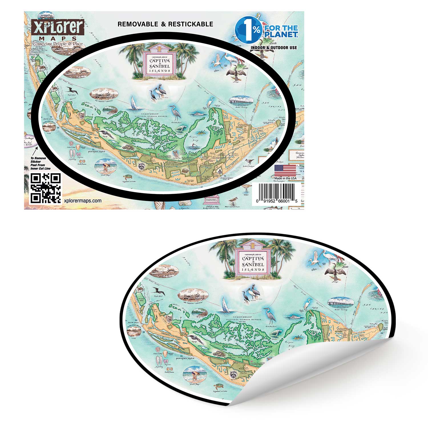 Florida's Sanibel & Captiva Islands Map Sticker by Xplorer Maps. The map features illustrations of places such as Ding Darling Wildlife Sanctuary, Bailey-Matthews Shell Museum, and Sanibel Lighthouse. Flora and fauna include the Loggerhead sea turtle, Manatee, and Great Blue Heron. Many other birds and sea animals are illustrated.