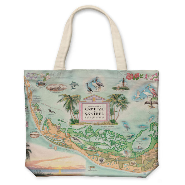 Florida's Sanibel & Captiva Islands Map Canvas Tote Bags by Xplorer Maps. The map features illustrations of places such as Ding Darling Wildlife Sanctuary, Bailey-Matthews Shell Museum, and Sanibel Lighthouse. Flora and fauna include the Loggerhead sea turtle, Manatee, and Great Blue Heron. Many other birds and sea animals are illustrated.