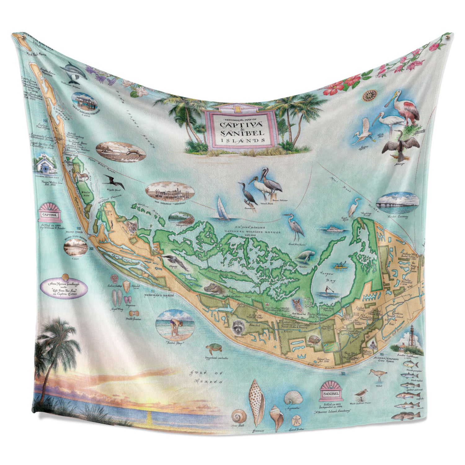 Map with stunning artwork of Sanibel and Captiva on a thick fleece blanket. Full color.