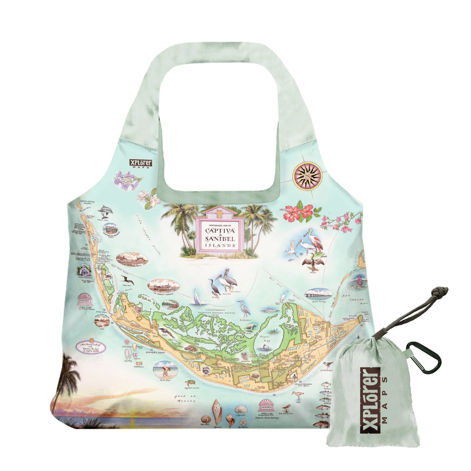 Florida's Sanibel & Captiva Islands Map Pouch Tote Bags by Xplorer Maps. The map features illustrations of places such as Ding Darling Wildlife Sanctuary, Bailey-Matthews Shell Museum, and Sanibel Lighthouse. Flora and fauna include the Loggerhead sea turtle, Manatee, and Great Blue Heron. Many other birds and sea animals are illustrated.