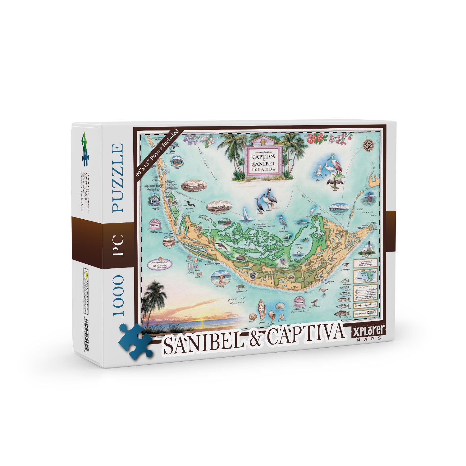 Florida's Sanibel & Captiva Islands Map Jigsaw Puzzle by Xplorer Maps. Features illustrations of places such as Ding Darling Wildlife Sanctuary, Bailey-Matthews Shell Museum, and Sanibel Lighthouse. Flora and fauna include the Loggerhead sea turtle, Manatee, and Great Blue Heron. Many other birds and sea animals are illustrated. 