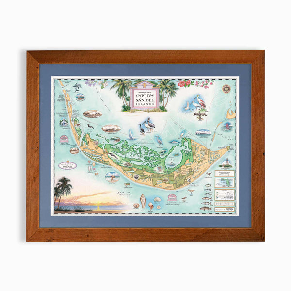 Sanibel & Captiva Islands hand-drawn map in earth tones blues and greens. The map print is framed in reclaimed Montana Flathead Lake Larch with a blue mat. 