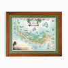 Sanibel & Captiva Islands hand-drawn map in earth tones blues and greens. The map print is framed in reclaimed Montana Flathead Lake Larch with a green mat.