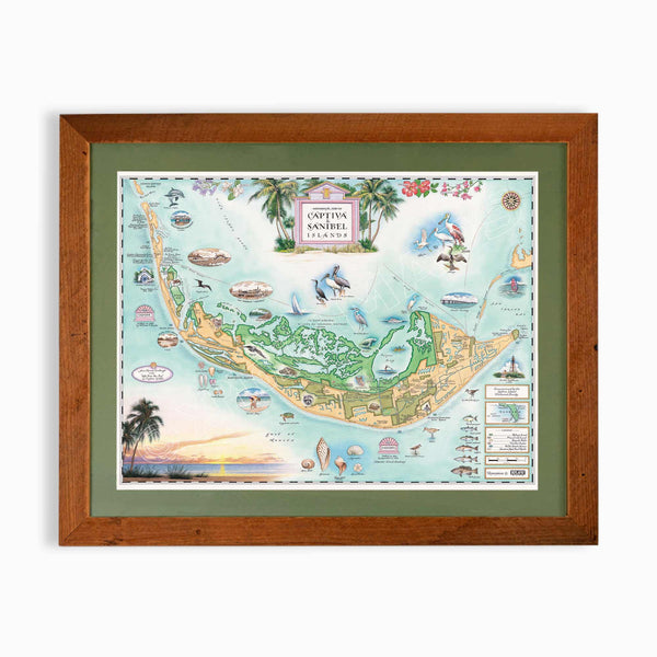 Sanibel & Captiva Islands hand-drawn map in earth tones blues and greens. The map print is framed in reclaimed Montana Flathead Lake Larch with a green mat.