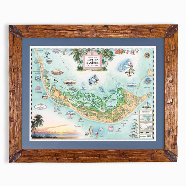 Sanibel & Captiva Island shand-drawn map in earth tones blues and greens. The map print is framed in Montana hand-scraped pine with a blue mat.