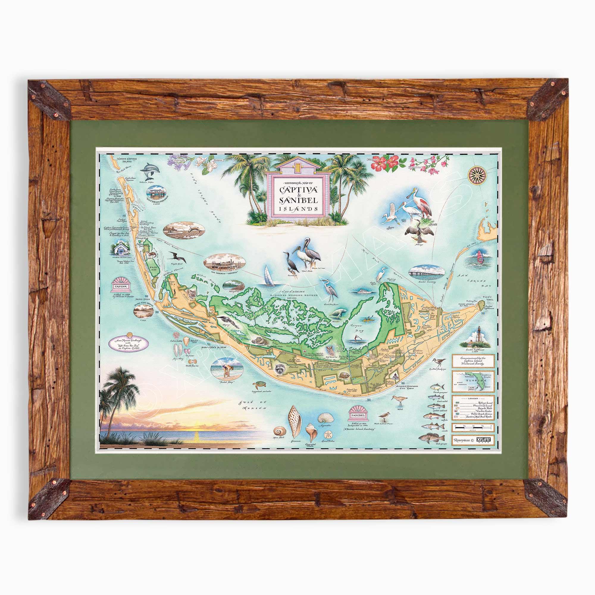 Sanibel & Captiva Islands hand-drawn map in earth tones blues and greens. The map print is framed in Montana hand-scraped pine with a green mat.