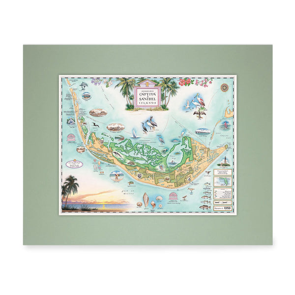 Florida's Sanibel & Captiva Islands Mini-Map in blue, green, and beige earth tones. The map features illustrations of places such as Ding Darling Wildlife Sanctuary, Bailey-Matthews Shell Museum, and Sanibel Lighthouse. Flora and fauna include the Loggerhead sea turtle, Manatee, and Great Blue Heron. Many other birds and sea animals are illustrated.