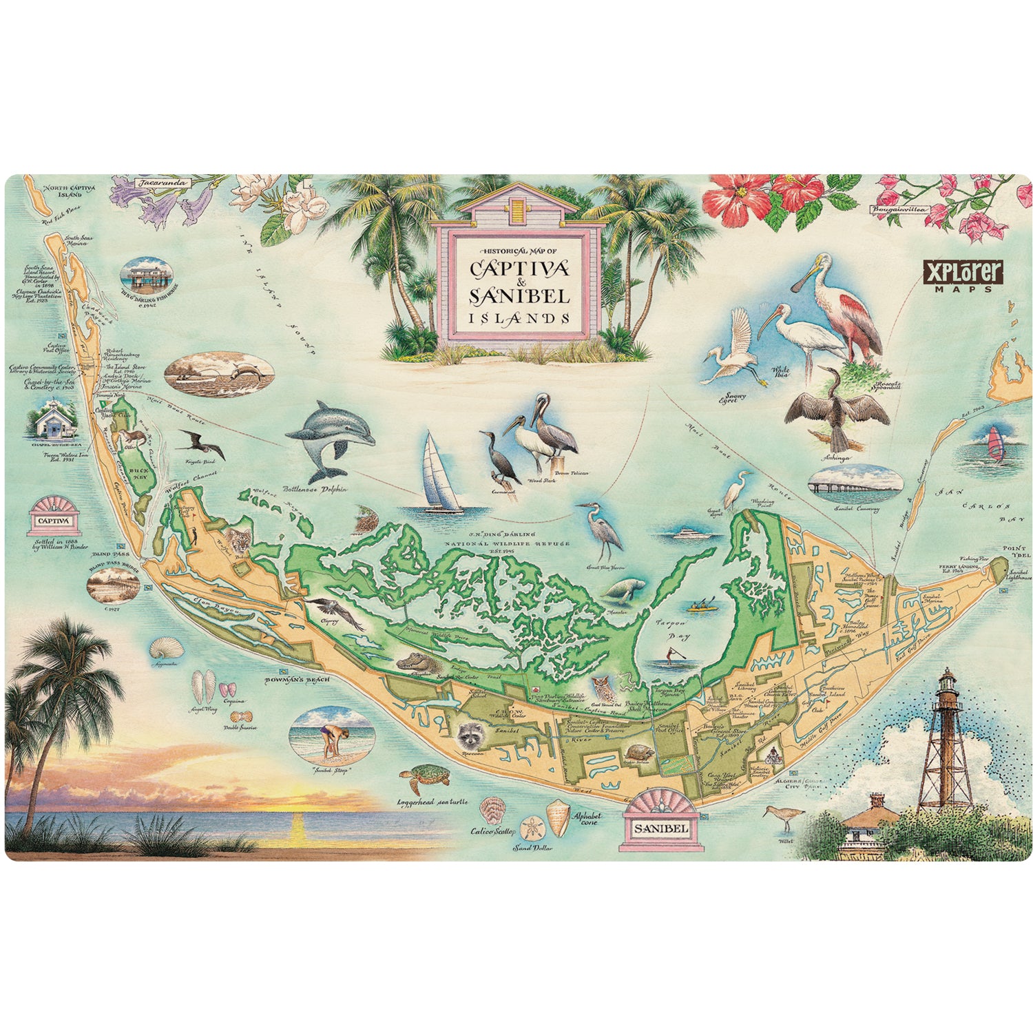 Florida's Sanibel & Captiva Islands Map Wood Sign by Xplorer Maps. The map features sea life like birds, whales, dolphin and turtles. 