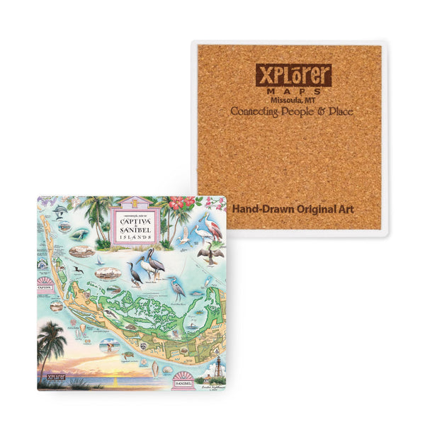 4"x4" Florida's Sanibel & Captiva Islands Map Ceramic Coasters by Xplorer Maps. The map features illustrations of places such as Ding Darling Wildlife Sanctuary, Bailey-Matthews Shell Museum, and Sanibel Lighthouse. Flora and fauna include the Loggerhead sea turtle, Manatee, and Great Blue Heron. Many other birds and sea animals are illustrated.