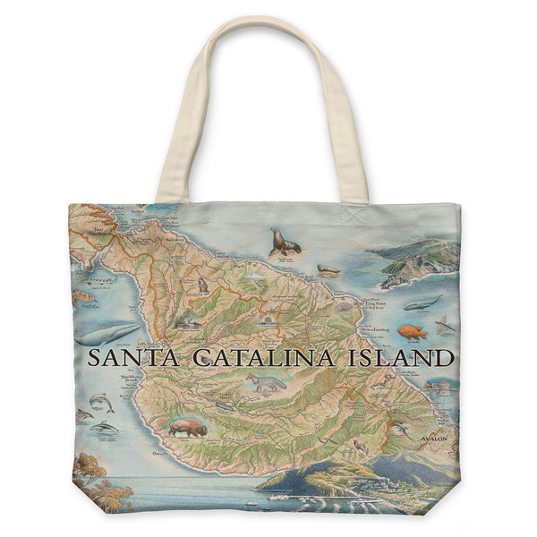 California's Santa Catalina Islands Map Canvas Tote Bags by Xplorer Maps. The map features illustrations of places such as Wrigley Memorial, El Rancho Escondido, and Avalon Bay. Flora and fauna include Bison, Catalina Island Fox, Catalina Orange Lip butterfly, Channel Islands tree poppy, and Island oak. 