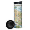 California’s Santa Catalina Island map 16 oz travel bottle in green and blue color. The map features illustrations of places such as Wrigley Memorial, El Rancho Escondido, and Avalon Bay. Flora and fauna include Bison, Catalina Island Fox, Catalina Orange Lip butterfly, Channel Islands tree poppy, and Island oak. 