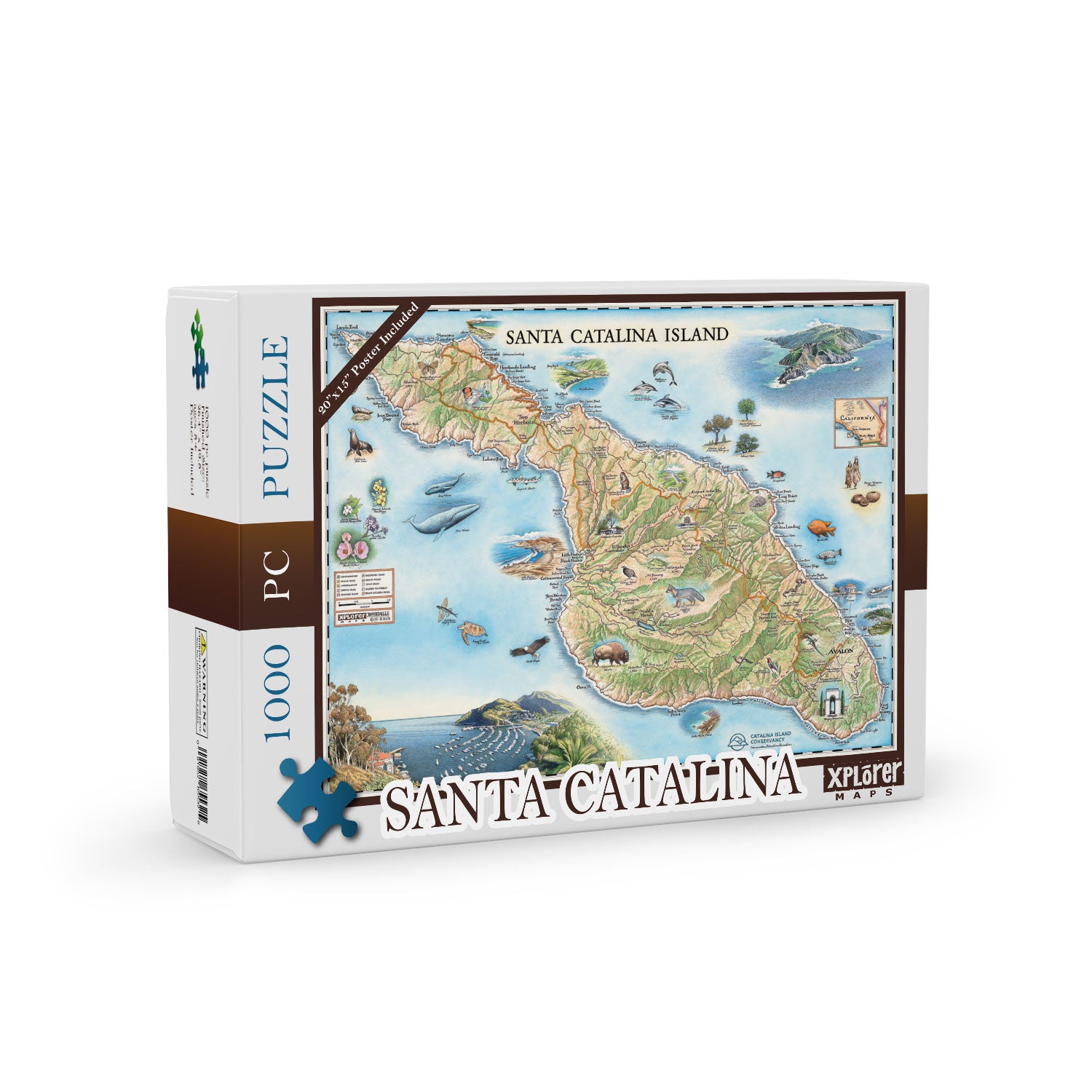 Santa Catalina Island Map Jigsaw Puzzle by Xplorer Maps. Features illustrations of places such as Wrigley Memorial, El Rancho Escondido, and Avalon Bay. Flora and fauna include Bison, Catalina Island Fox, Catalina Orange Lip butterfly, Channel Islands tree poppy, and Island oak.