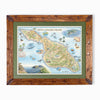 Santa Catalina Island hand-drawn map in earth tones blues and greens. The map print is framed in Montana hand-scraped pine with a green mat.