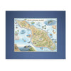 California's Santa Catalina Island Mini-Map by Xplorer Maps in blue and green. Located off the coast of California. The map features illustrations of places such as Wrigley Memorial, El Rancho Escondido, and Avalon Bay. Flora and fauna include Bison, Catalina Island Fox, Catalina Orange Lip butterfly, Channel Islands tree poppy, and Island oak. - Blue Matte