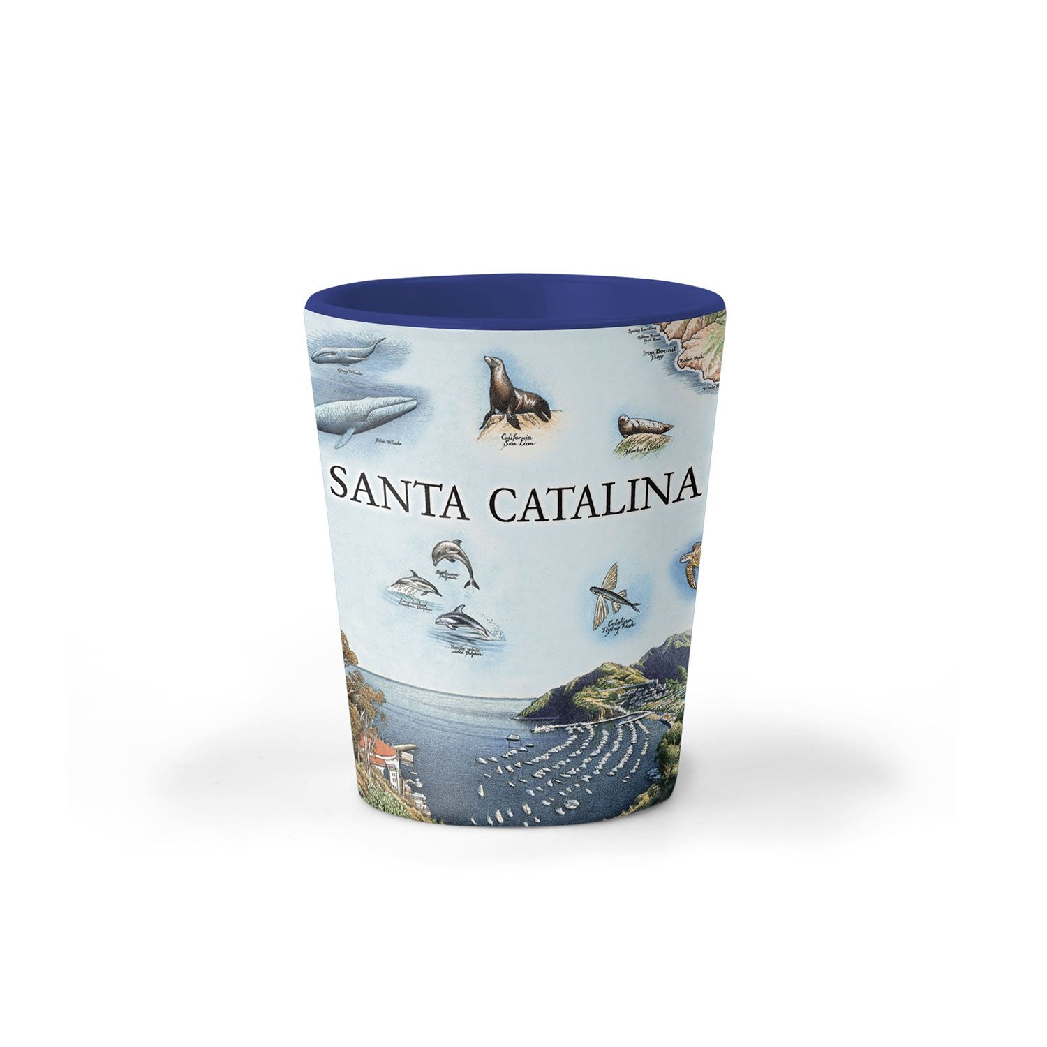 California's Santa Catalina Island Map Ceramic shot glass by Xplorer Maps. The map features illustrations of places such as Wrigley Memorial, El Rancho Escondido, and Avalon Bay. Flora and fauna include Bison, Catalina Island Fox, Catalina Orange Lip butterfly, Channel Islands tree poppy, and Island oak. 