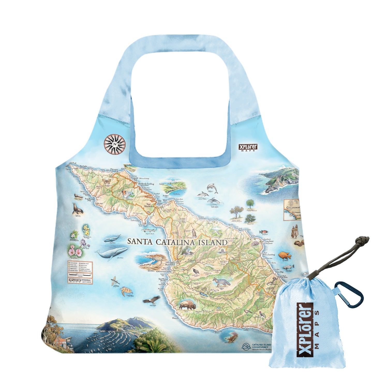 California's Santa Catalina Islands Map Pouch Tote Bags by Xplorer Maps. The map features illustrations of places such as Wrigley Memorial, El Rancho Escondido, and Avalon Bay. Flora and fauna include Bison, Catalina Island Fox, Catalina Orange Lip butterfly, Channel Islands tree poppy, and Island oak. 