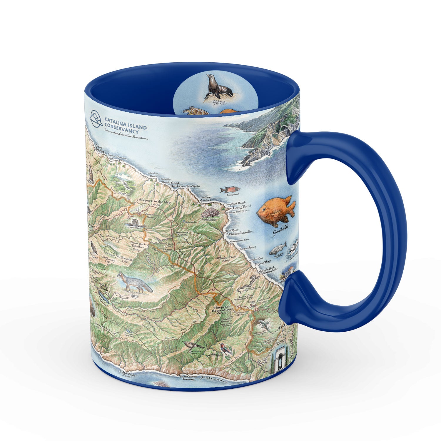 Blue 16 oz Santa Catalina Island Map Ceramic Mug. The map features illustrations of places such as Wrigley Memorial, El Rancho Escondido, and Avalon Bay. Flora and fauna include Bison, Catalina Island Fox, Catalina Orange Lip butterfly, Channel Islands tree poppy, and Island oak. 