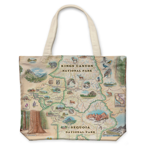 Sequoia & Kings Canyon National Parks Map Canvas Tote Bags by Xplorer Maps. The map features illustrations of the Giant Forest, Mount Whitney, and the John Muir Lodge. Flora and fauna include mule deer, red fox, Sierra Purple shooting star flowers, and California poppy.