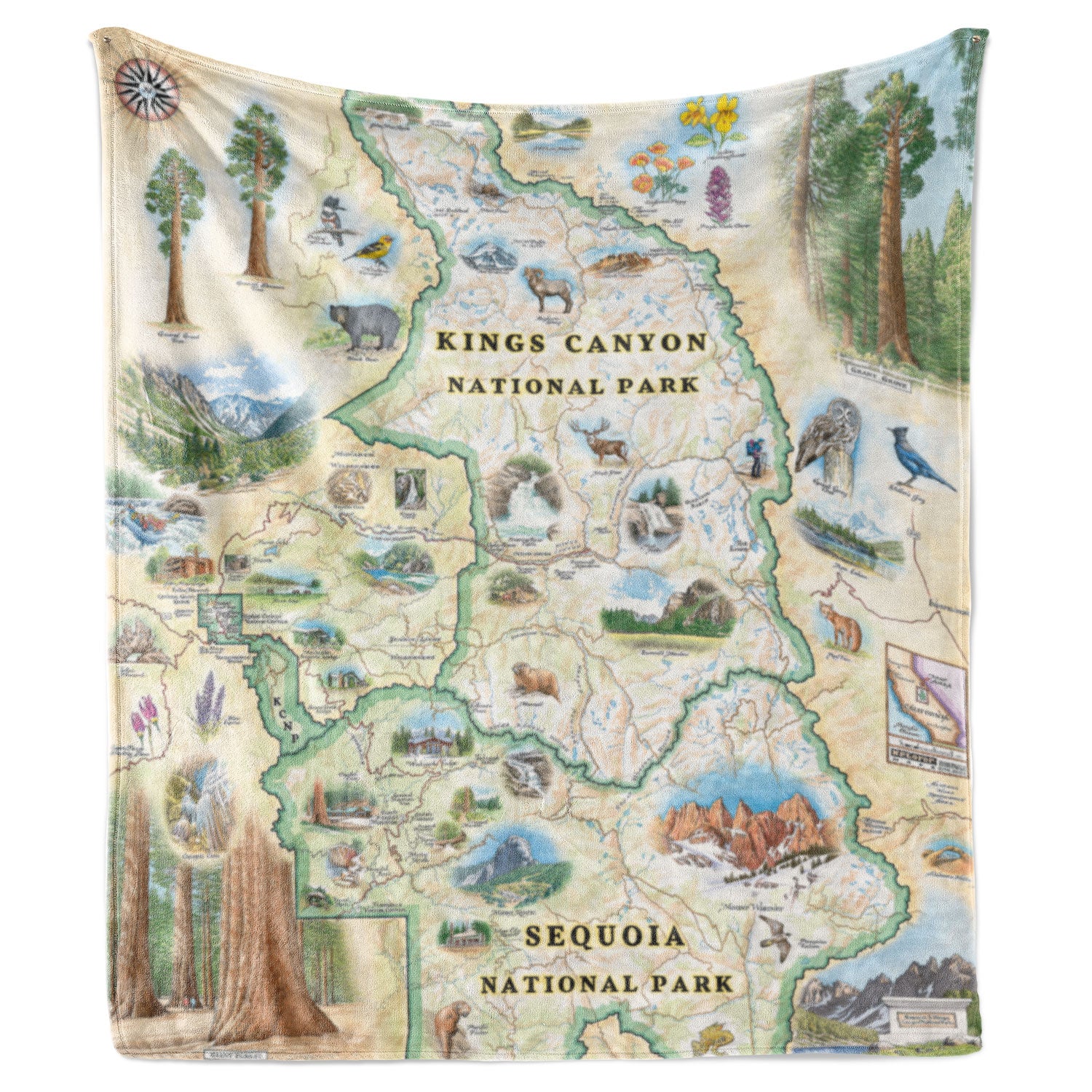 Hanging fleece blanket with a colorful map of Sequoia & Kings National Park.