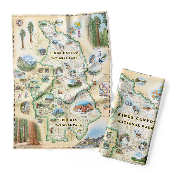The Sequoia & Kings Canyon National Park in earth tones of beige and green features illustrations of the Giant Forest, Mount Whitney, and the John Muir Lodge. Includes mule deer, red fox, Sierra Purple shooting star flowers, and California poppy.