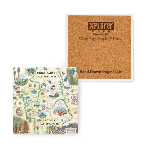4"x4" Sequoia & Kings Canyon National Parks Map Ceramic Coaster by Xplorer Maps. The map features illustrations of the Giant Forest, Mount Whitney, and the John Muir Lodge. Flora and fauna include mule deer, red fox, Sierra Purple shooting star flowers, and California poppy.