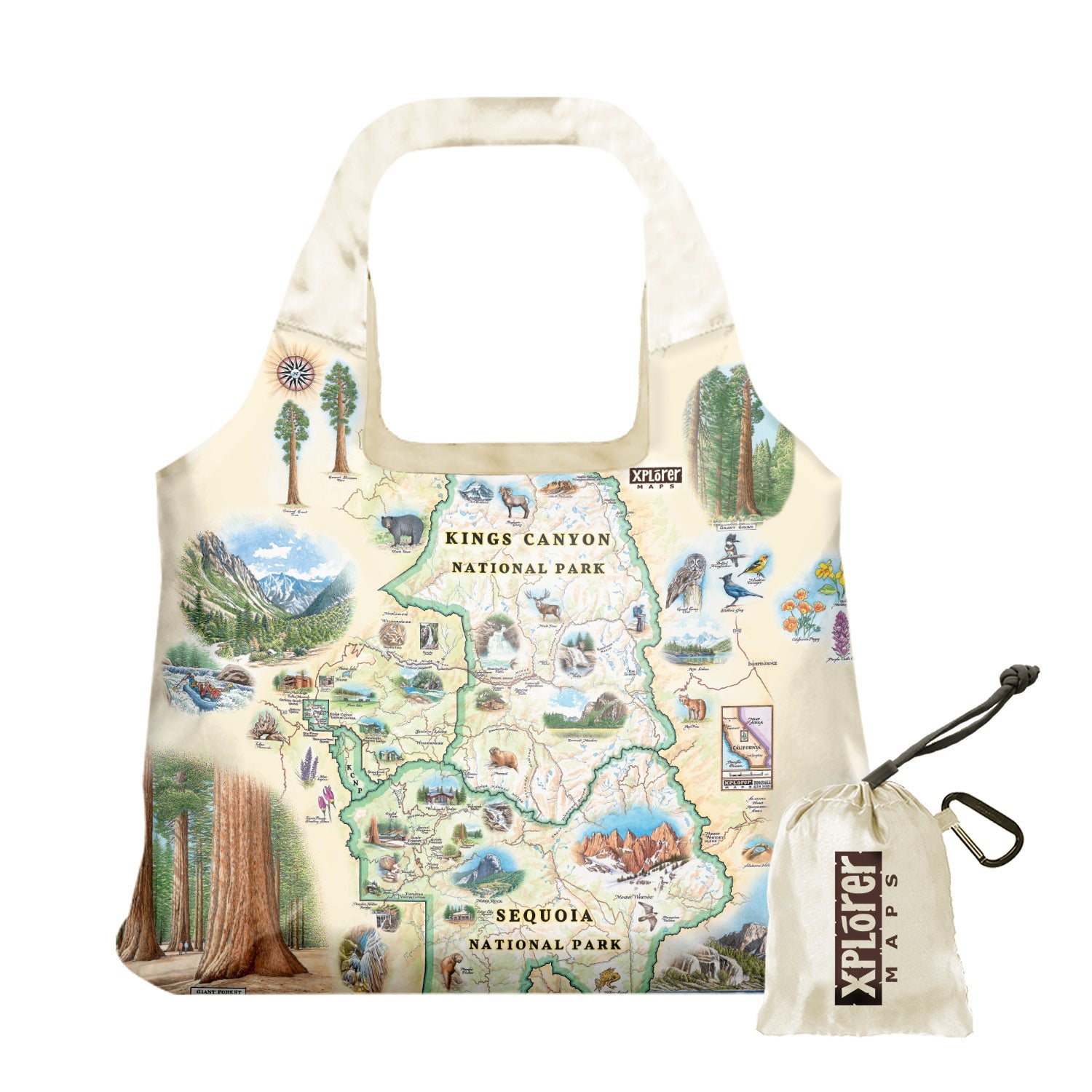 Sequoia & Kings Canyon National Parks Map Pouch Tote Bags by Xplorer Maps. The map features illustrations of the Giant Forest, Mount Whitney, and the John Muir Lodge. Flora and fauna include mule deer, red fox, Sierra Purple shooting star flowers, and California poppy.