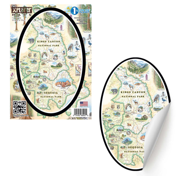 Sequoia & Kings Canyon National Park Map Sticker by Xplorer Maps. The map features illustrations of the Giant Forest, Mount Whitney, and the John Muir Lodge. Flora and fauna include mule deer, red fox, Sierra Purple shooting star flowers, and California poppy.