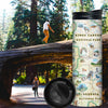 Sequoia and Kings Canyon National Parks Travel thermos mug with Tunnel Log in the back ground with trees and hikers in California. The map features illustrations of the Giant Forest, Mount Whitney, and the John Muir Lodge. Flora and fauna include mule deer, red fox, Sierra Purple shooting star flowers, and California poppy.