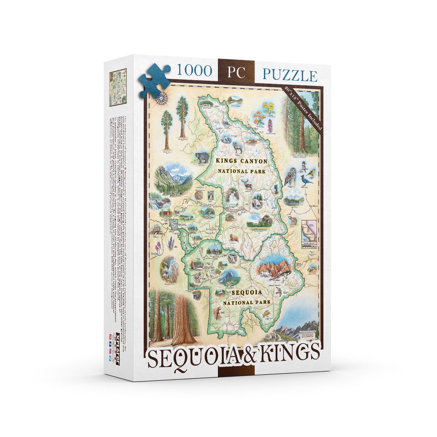 Sequoia & Kings Canyon National Park Map Jigsaw Puzzle by Xplorer Maps. Features illustrations of the Giant Forest, Mount Whitney, and the John Muir Lodge. Flora and fauna include mule deer, red fox, Sierra Purple shooting star flowers, and California poppy.