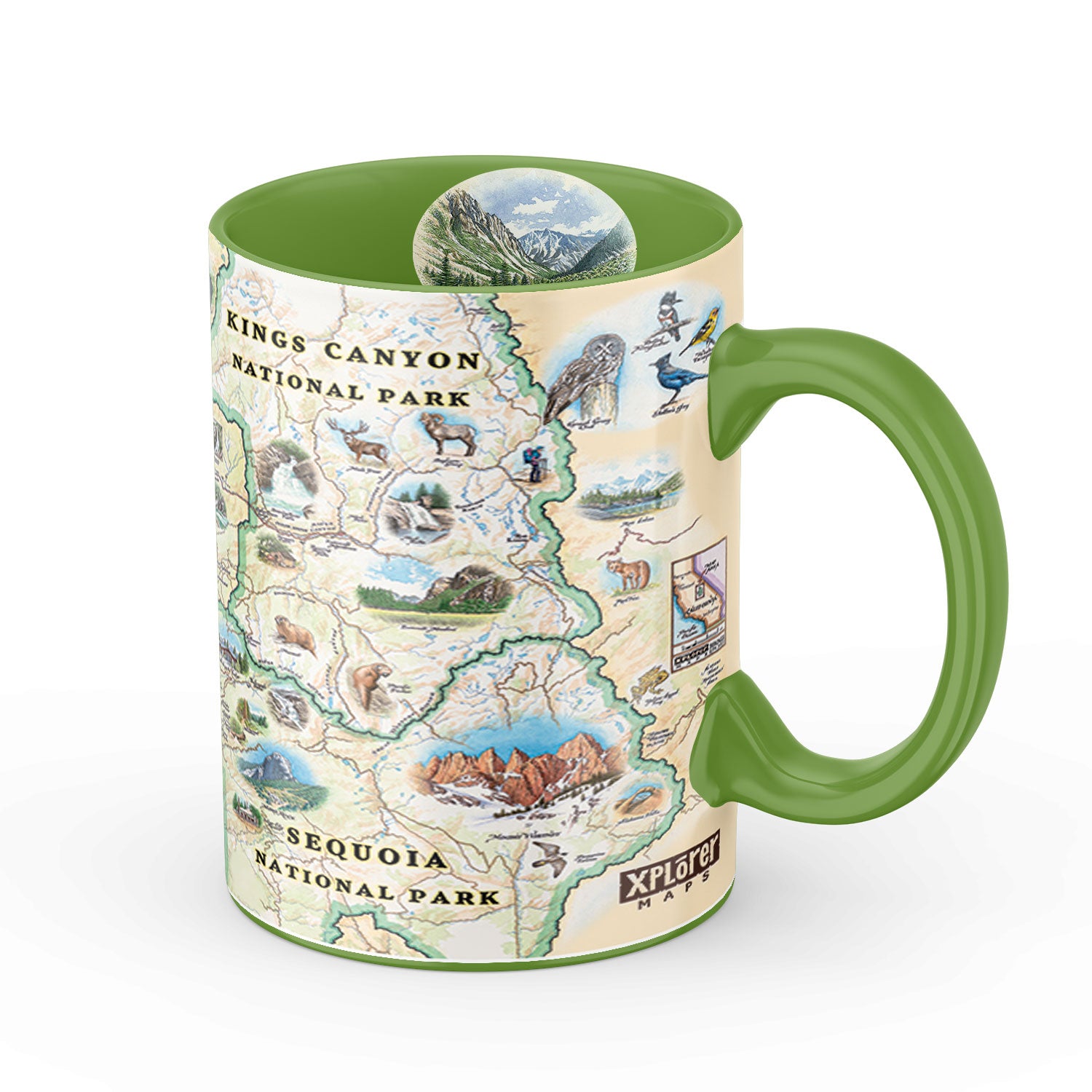 Green Sequoia & Kings Canyon National Parks ceramic mug. The map features illustrations of the Giant Forest, Mount Whitney, and the John Muir Lodge. Flora and fauna include mule deer, red fox, Sierra Purple shooting star flowers, and California poppy. Map measures 18x24.
